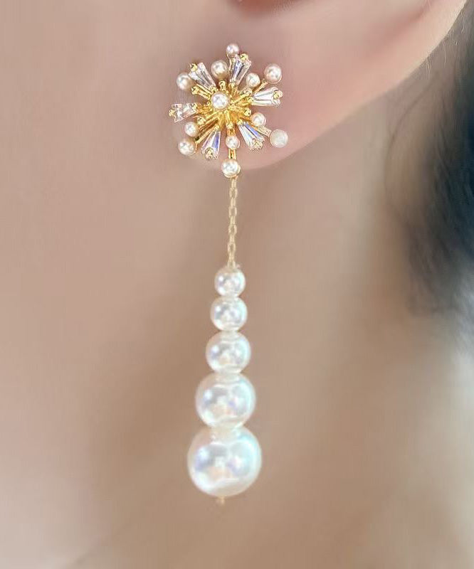 Gold Copper Overgild Pearl Zircon Tassel Drop Earrings