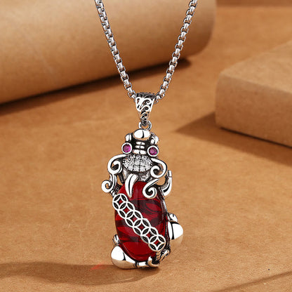 Buddha Stones Pixiu Garnet Copper Coin Wealth Luck Necklace Pendant