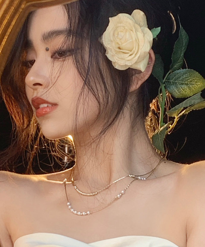 Gold Silk Yarn Multilayer Pearl Tassel Necklace