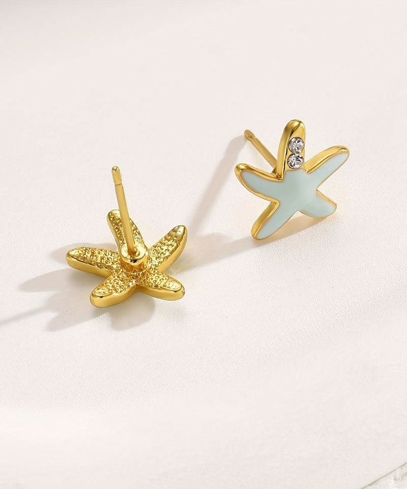 Diy Blue Copper Alloy Zircon Starfish Shell Stud Earrings