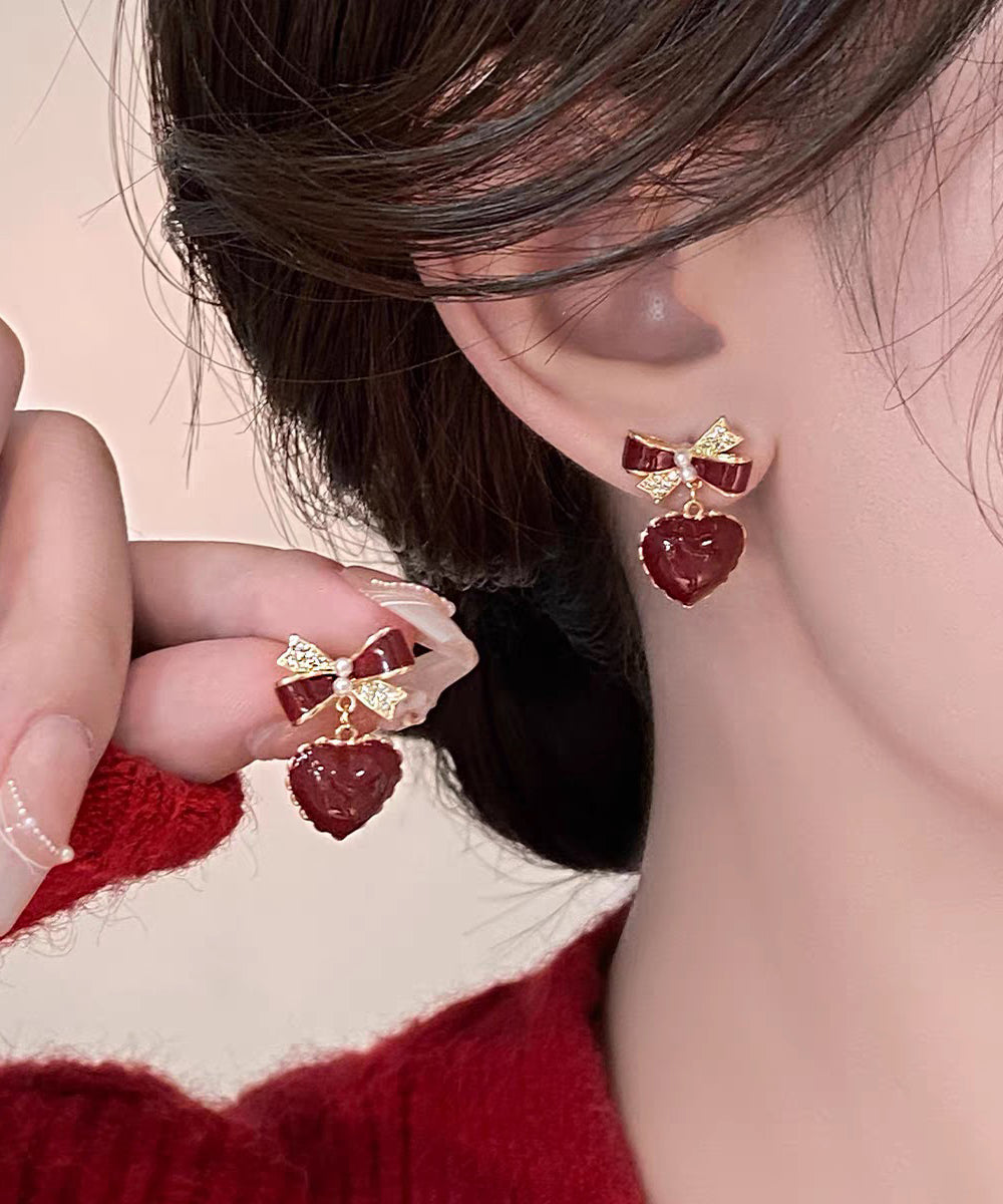 French Red Copper Alloy Zircon Bow Love Stud Earrings
