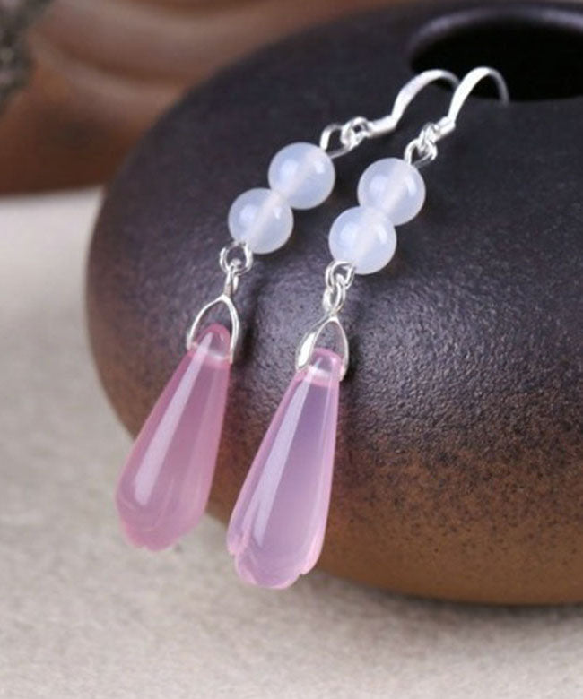 Pink Sterling Silver Jade Sphericity Water Drop Drop Earrings
