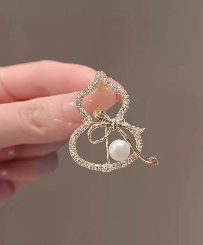 Gold Alloy Zircon Pearl Gourd Brooches