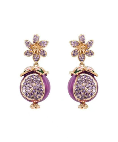 Boutique Purple Copper Zircon Drip Glaze Pomegranate Flower Drop Earrings
