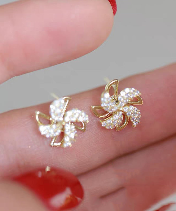 Gold Copper Alloy Zircon a Spinning Windmill Stud Earrings
