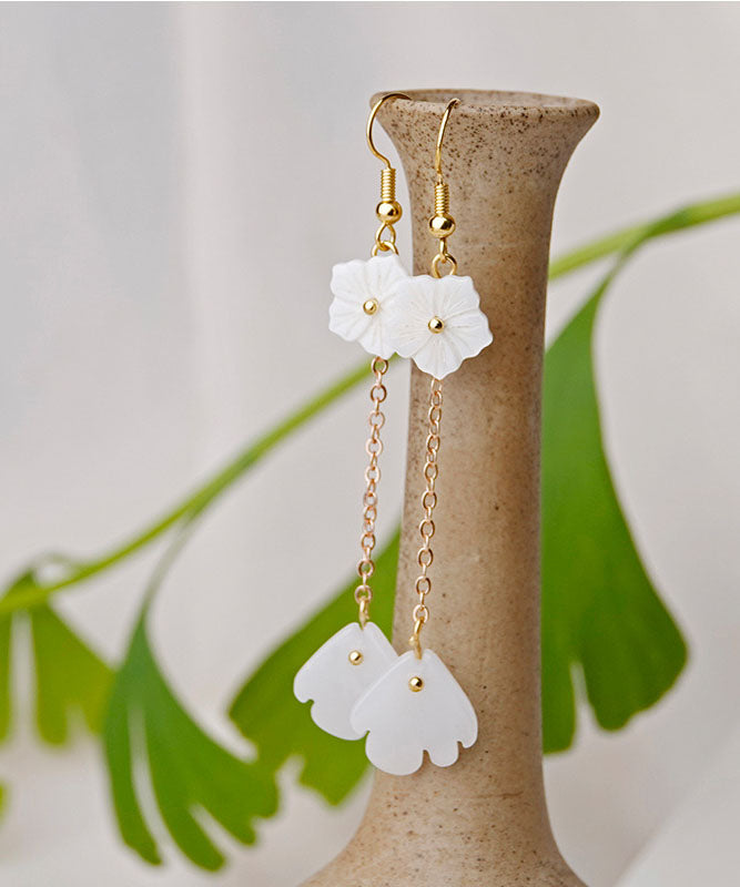 Simple White Coloured Glaze Tassel 14k Gold Drop Earrings