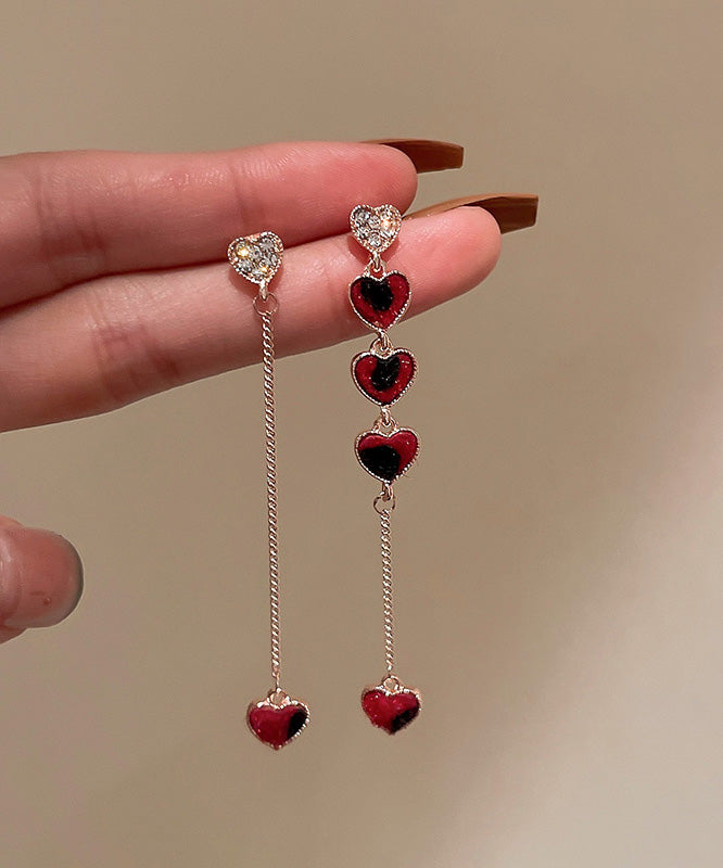 Diy Red Sterling Silver Alloy Zircon Asymmetrical Love Tassel Drop Earrings