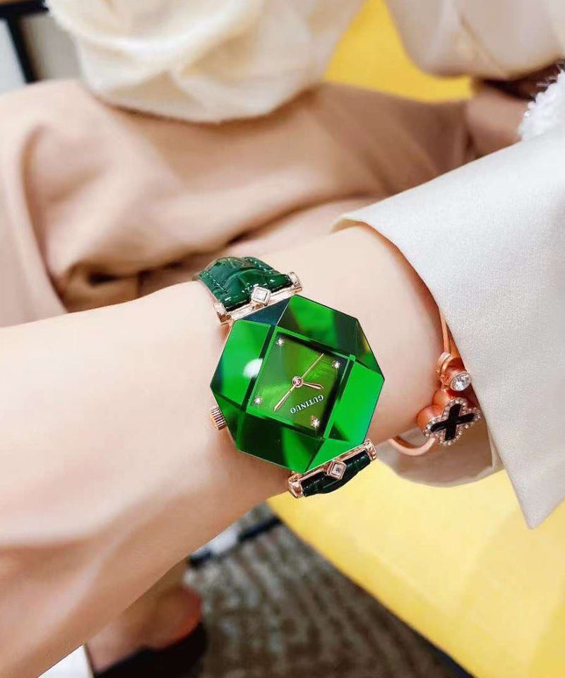 Green Leather Tempered Glass Waterproof Watch