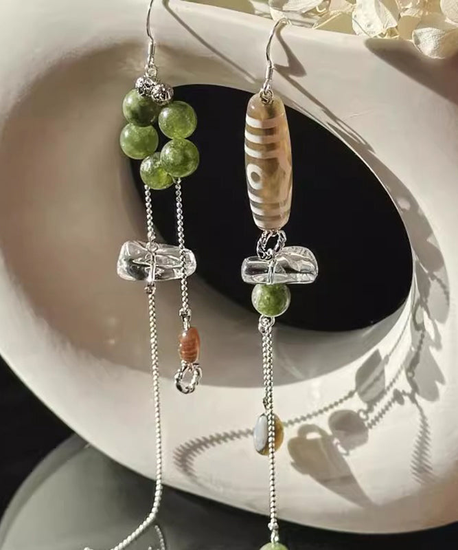 Silk Stergild Silver Crystal Agate Chalcedony Asymmetrical Tassel Drop Earrings