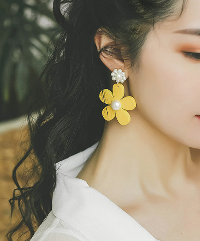 Classy Yellow Daisy Pearl Drop Earrings