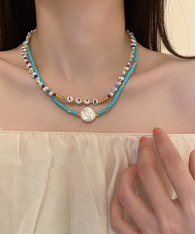 Blue Alloy Acrylic Pearl Bilayer Beading Graduated Bead Necklace
