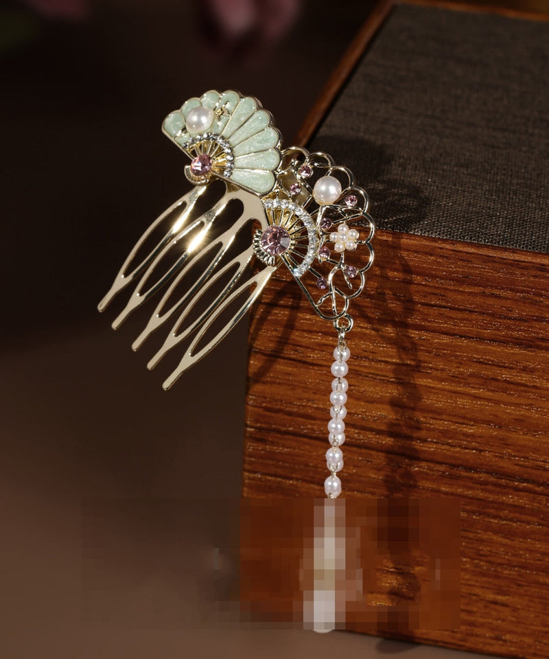 Style Light Green Alloy Zircon Pearl Hollow Out Fan-shaped Tassel Hairpin