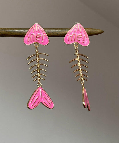 Unique Pink Alloy Drip Glaze Fish Bone Stud Earrings