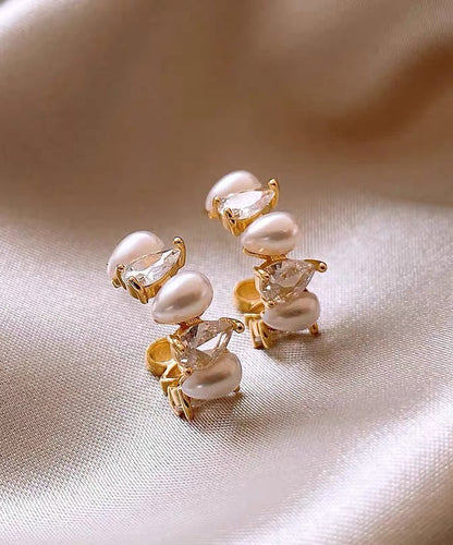 Stylish Gold Copper Zircon Pearl C-shaped Hoop Earrings