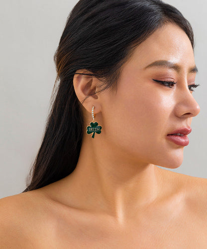 Style Green Copper Alloy Zircon Leaf C-shaped Hoop Earrings