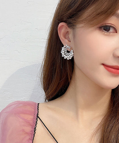 White Sterling Silver Alloy Zircon Pearl Hoop Earrings