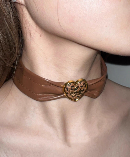 Brown Sterling Silver Alloy Leather Choker