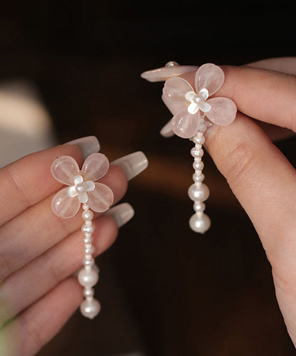 Pink Weave Crystal Pearl Tassel Drop Earrings