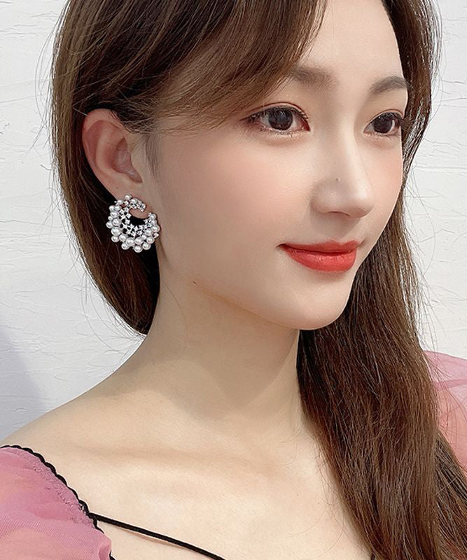 White Sterling Silver Alloy Zircon Pearl Hoop Earrings