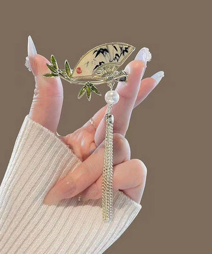 Chinese Style Alloy Pearl Bamboo Leaf Fan-shaped Tassel Hairpin