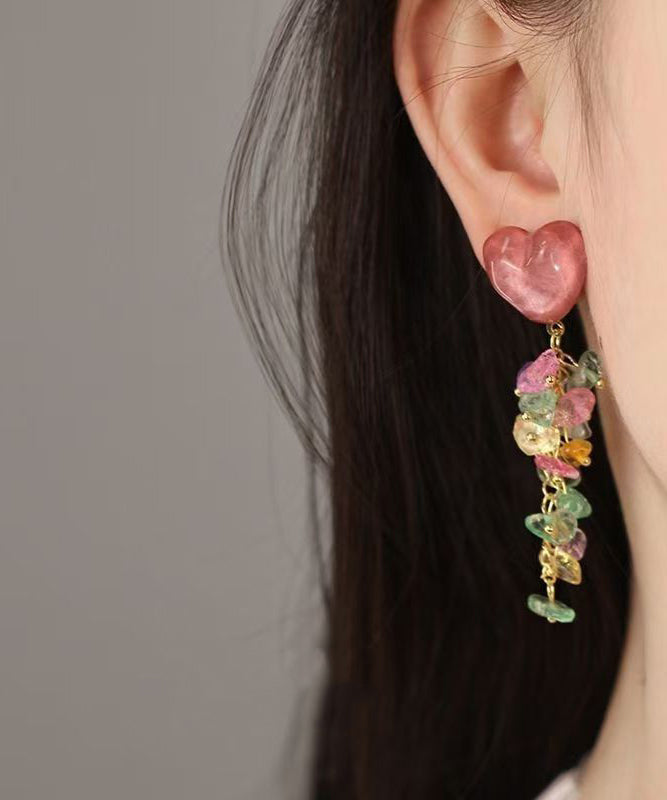 Diy Colorblock Copper Gem Stone Love Tassel Drop Earrings