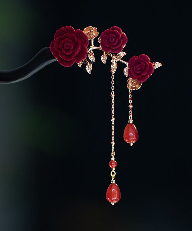 Black Xylogen Gem Stone Rose Tassel Hairpin