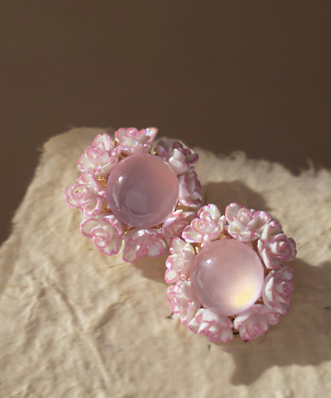Pink Copper Alloy Resin Cat Eye Stone Stud Earrings