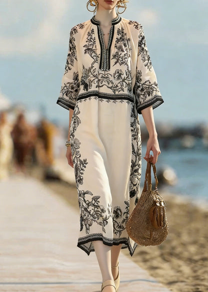 Beige Print Side Open Linen Dress Bracelet Sleeve