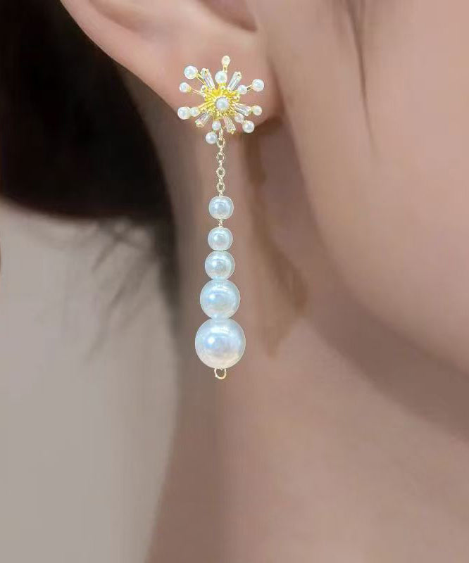 Gold Copper Overgild Pearl Zircon Tassel Drop Earrings