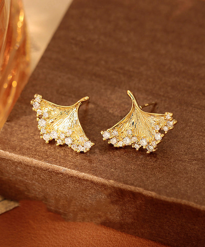 Modern Gold Copper Overgild Zircon Ginkgo Leaf Stud Earrings