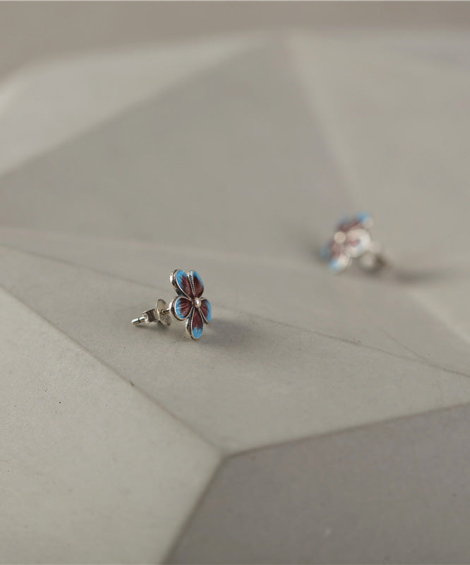 Unique Blue Silver Cloisonne Stud Earrings