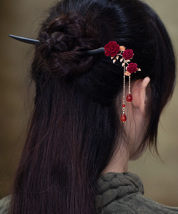 Black Xylogen Gem Stone Rose Tassel Hairpin