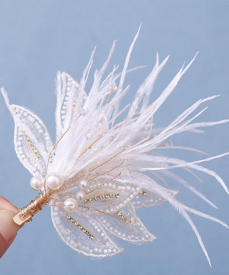 Stylish White Overgild Pearl Feather Tulle Hairpin Two Piece Set