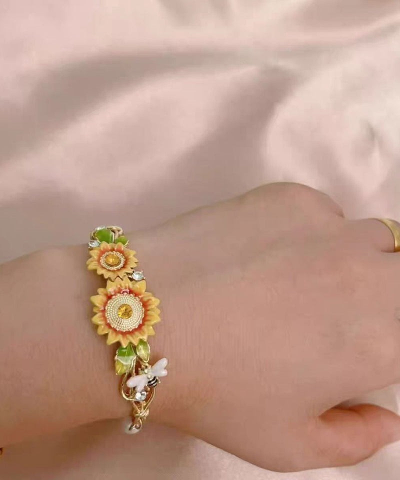 Gold Zircon Sunflower Pearl Tassel Lariat Necklace Bracelet and Drop Earrings Three Piece Set