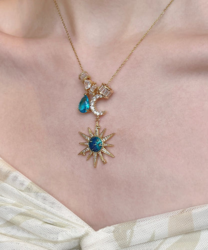 Blue Sun Moon Zircon Alloy Pendant Necklace