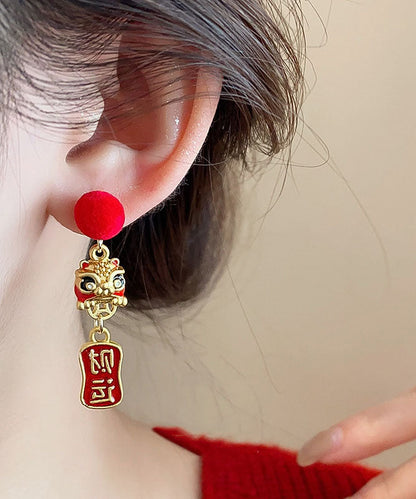 Red Sterling Silver Overgild Asymmetric Lion Dance Auspicious Clouds Tassel Drop Earrings