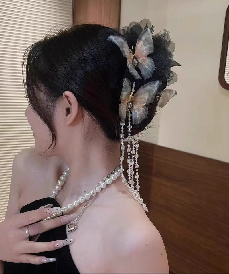 Black Acrylic Crystal Butterfly Tassel Hairpin