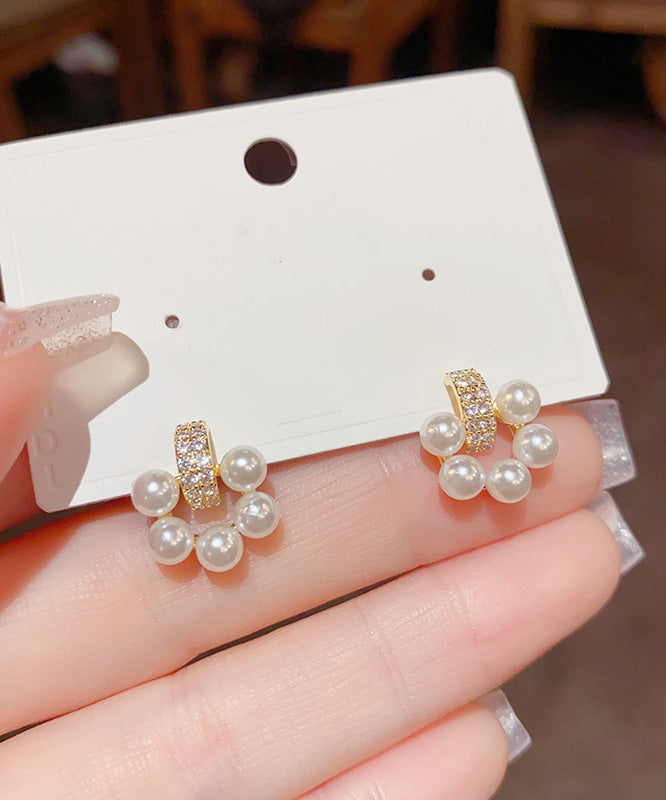 White Copper Overgild Zircon Pearl Stud Earrings