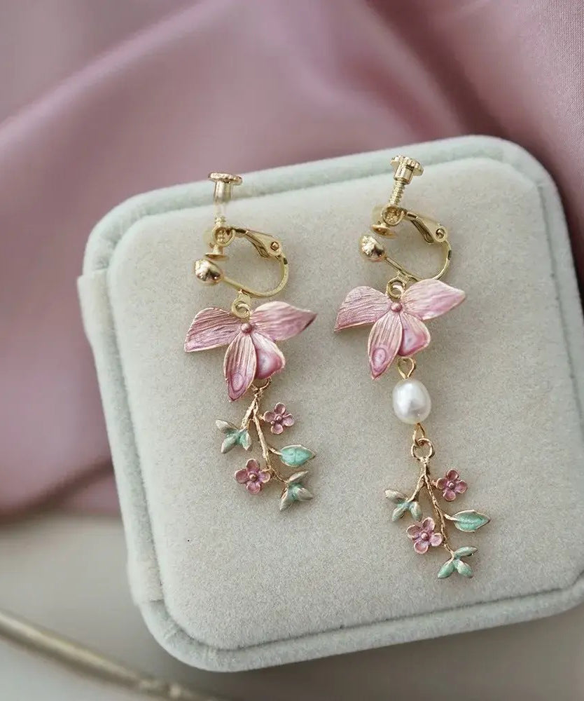 Modern Pink Copper Overgild Pearl Drop Earrings
