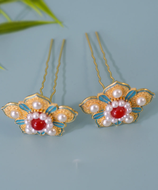 Chinese Style Colorblock Sterling Silver Overgild Pearl Enamel Hairpin