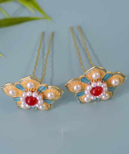 Chinese Style Colorblock Sterling Silver Overgild Pearl Enamel Hairpin