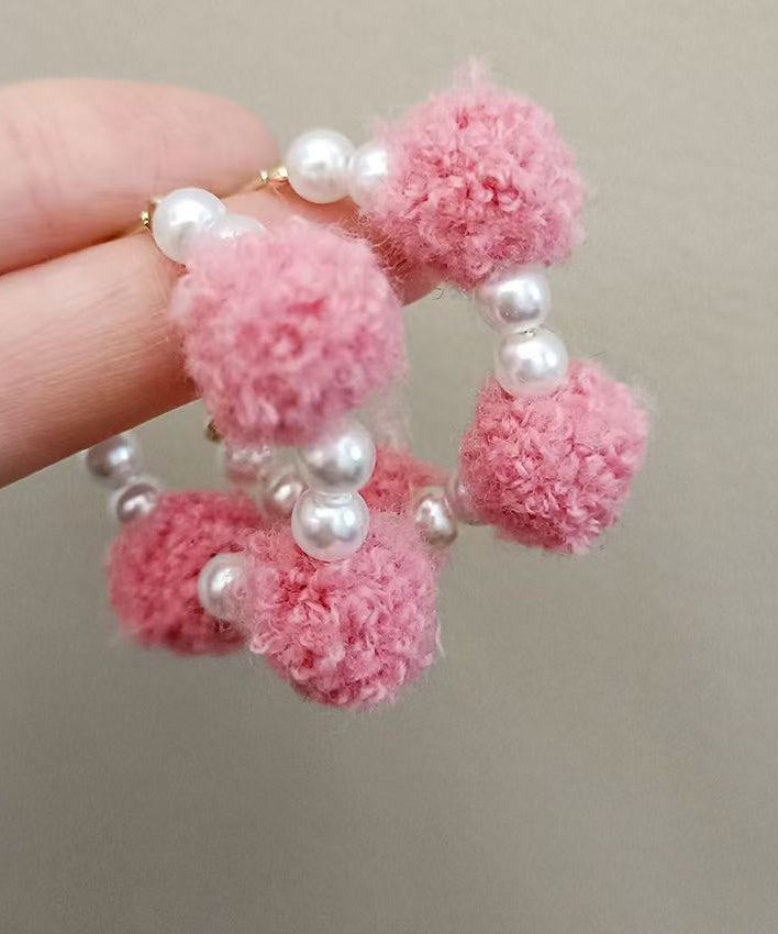 Pink Alloy Fuzzy Ball Decorated Pearl Hoop Earrings