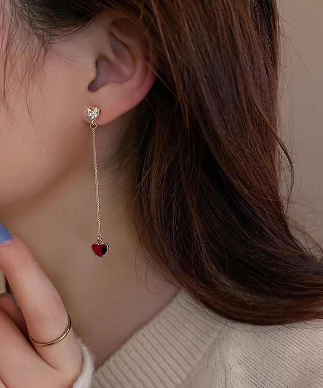 Diy Red Sterling Silver Alloy Zircon Asymmetrical Love Tassel Drop Earrings