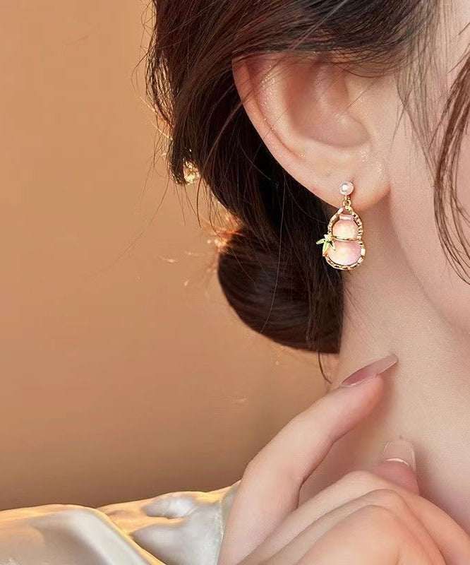 Pink Alloy Zircon Resin Hollow Out Calabash Drop Earrings