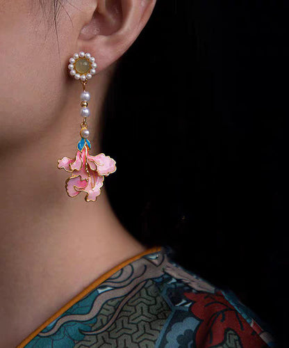 Rainbow Alloy Pearl Peony Enameling Tassel Drop Earrings
