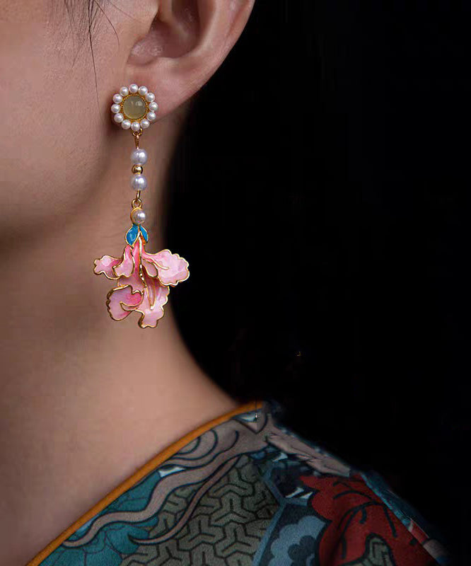 Rainbow Alloy Pearl Peony Enameling Tassel Drop Earrings