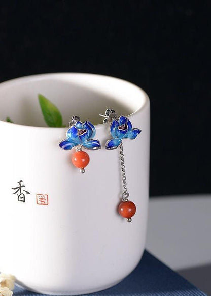 Cloisonne Lotus Tassel Agate Asymmetrical Design Drop Earrings