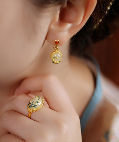 Yellow Copper Overgild Agate Enamel Drop Earrings