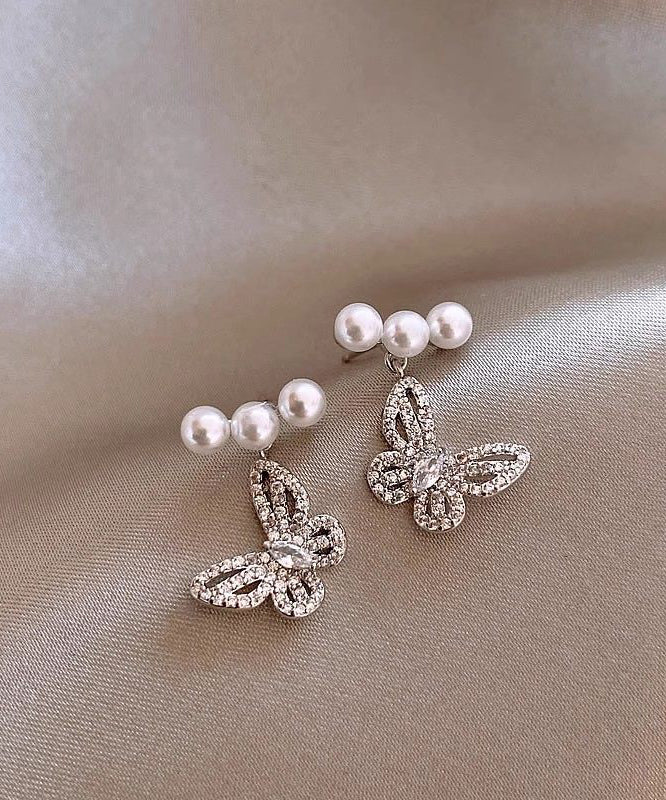 Fine Silk Copper Alloy Zircon Butterfly Pearl Drop Earrings
