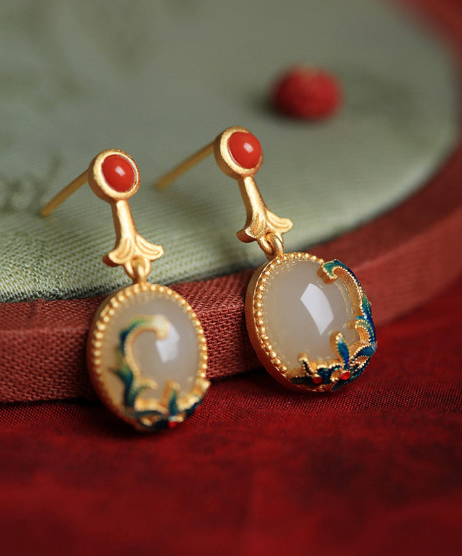 Yellow Copper Overgild Agate Enamel Drop Earrings